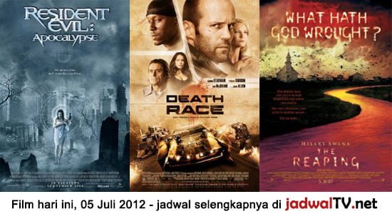 Jadwal Film dan Sepakbola 5 Juli 2012 Film hari ini: - RCTI 07.00WIB: Barbie And The 12 Dancing Princesses (animasi) - GlobalTV 08.30WIB: Garfield Gets Real (2007 – animasi) - TransTV 20.00WIB: Spiderman 2 (2004 – Tobey Maguire, Kirsten Dunst, James Franco) - GlobalTV 20.30WIB: Resident Evil:Apocalypse (2004 – Milla Jovovich, Sienna Guillory, Oded Fehr) [...]